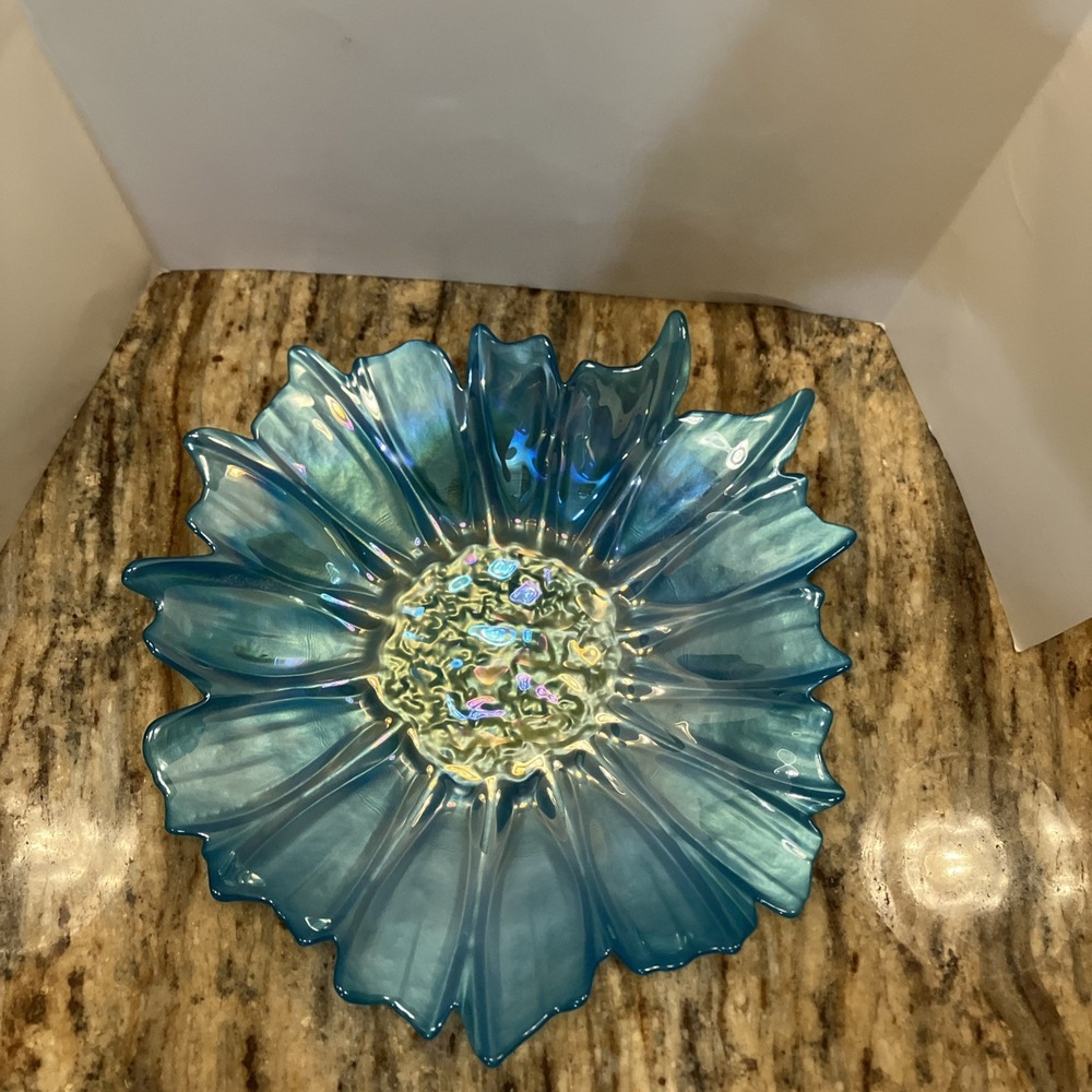 Akcam Sunflower Floral Turkish Art Glass Large Platter Dish  11.5 x 12